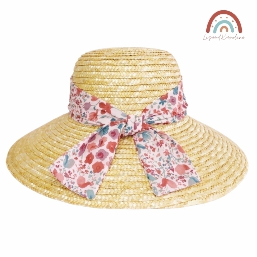 New! Cloche Wheat Straw Pink Floral Ribbon Bow Large Beach Cottagecore Straw Hat - Picture 2 of 9